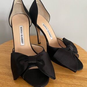 Manolo Blahnik Black Satin Bow D'Orsay Heels
